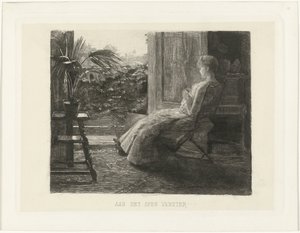 Mujer joven, bordando, junto a la ventana abierta En la ventana abierta (título en el objeto)