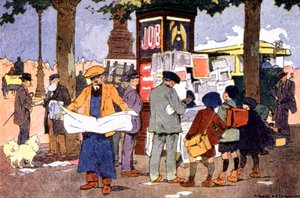 Quiosco de periódicos en la plaza de la Bastilla, hacia 1910 (ilustración) de Ferdinand Raffin