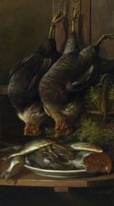 Bodegón con gallinas y peces