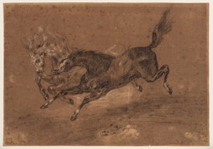 Caballos corriendo (anverso); Hombre desnudo con barba, sentado (reverso), c.1800-1899 (tiza blanca y negra (anverso), tiza blanca y negra y aguada marrón (reverso), sobre papel verjurado preparado de color marrón). de Ferdinand Victor Eugene (follower of) Delacroix
