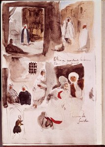 Álbum del norte de África y España: Calles, muros y tiendas con personajes de pie o sentados, incluido el hombre de Esmirna