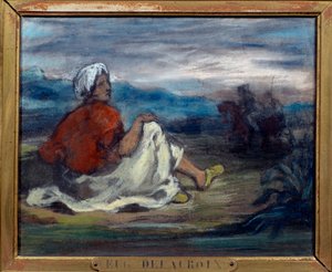 Un árabe sentado en el campo al borde de un camino de Ferdinand Victor Eugene Delacroix