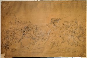 Escena de batalla. Dibujo sobre papel salmón por Eugene Delacroix (1798-1863). Siglo XIX. París, Museo del Louvre