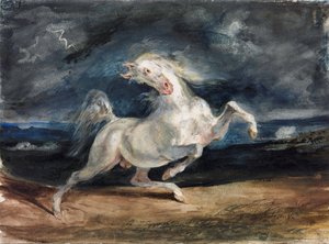 Cheval effraye par la foudre - Caballo asustado por un rayo - Delacroix, Eugene (1798-1863) - 1825-1829 - Acuarela, Gouache sobre Papel - 23,6x32 - Szepmuveszeti Muzeum, Budapest
