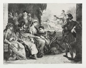 Hamlet: Hamlet Ordena a los Actores hacer una Escena del Envenenamiento de su Padre, 1834 de Ferdinand Victor Eugene Delacroix