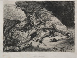 León devorando un caballo, 1844 de Ferdinand Victor Eugene Delacroix