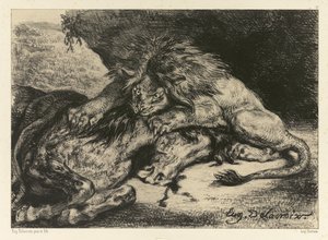 León devorando un caballo de Ferdinand Victor Eugene Delacroix