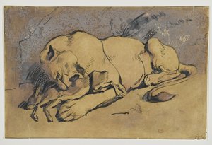 Leona devorando un conejo de Ferdinand Victor Eugene Delacroix