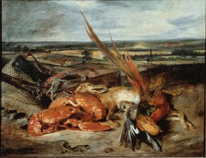 Bodegón con langosta y trofeos de caza y pesca de Ferdinand Victor Eugene Delacroix
