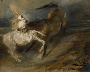 Dos caballos peleando en un paisaje tormentoso, c.1828