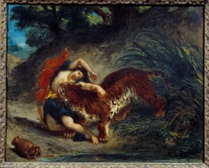 Joven mujer llevada por un tigre o indio mordido por un tigre de Ferdinand Victor Eugene Delacroix