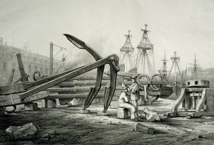 Anclas en el astillero naval, por Ferdinand Perrot, litografía