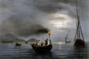 Pesca nocturna con lámpara de pesca, litografía en color de Ferdinand Perrot (1808-1841) de Ferdinand Victor Perrot