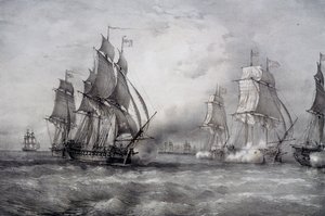 Paul Jones atacando la flota británica comandada por Pearson y llegando del Mar Báltico de Ferdinand Victor Perrot
