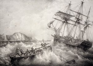 Rescate de la tripulación de un barco pesquero bretón por el barco sueco Le Neptune, litografía de Ferdinand Perrot