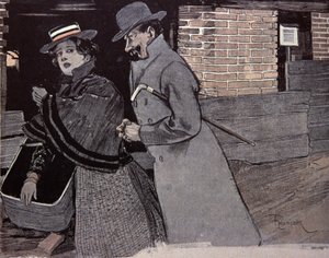 Hombre acosando a una joven. Ilustración de F. Von Reznicek en: Simplicissimus, Alemania
