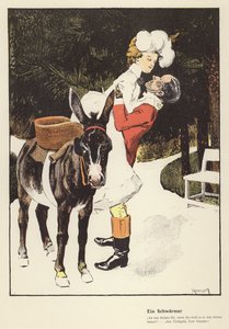 Hombre ayudando a una mujer a desmontar de un burro (litografia en color) de Ferdinand von Reznicek