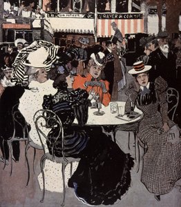 Mujer hablando en una mesa fuera de un café. Ilustración de Von Reznicek en: Simplicissimus, Alemania de Ferdinand von Reznicek