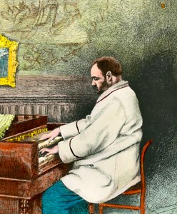 Retrato de Emile Zola (1840-1902) tocando el órgano. Grabado por Desmoulin (siglo XIX). Colección Privada