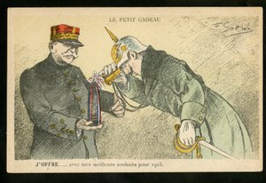 Postal satírica en colores, ca. 1914_12: Un pequeño regalo que ofrezco con mis mejores deseos para 1915 - Guerra de 14 -18, Cánones, proyectiles - Guillermo II, Joffre Ilustración de Gottlob (1873-1935)