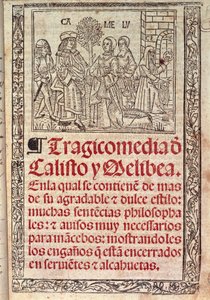 Miniatura sobre pergamino en la portada de la Celestina o Tragicomedia de Calisto y Melibea, manuscrito español de Fernando de Rojas (1465-1541), publicado en 1531. de Fernando de Rojas