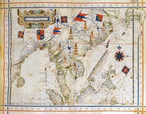 Plano-cartografía, mapa pre-Mercator de 1571 del cartógrafo portugués Fernao Vaz Dourado (c1520-c1580). Mapa de la India oriental, el golfo de Bengala, el sudeste de China, Tailandia, Borneo y Japón. Se nombra el Trópico de Cáncer. de Fernao Vaz Dourado