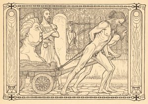 Vorm Karren der Gewoehnlichkeit, lámina 3, de la carpeta "Lebenszeichen", publicada en 1908 en Berlín por Fritz Heyder Verlag de Fidus