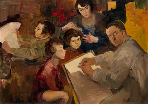 Autorretrato con familia - Pintura de Filipp Andreyevich Maliavin (Maliavine) (o Andreyevich Malyavin) (1869-1940), óleo sobre lienzo (46,5x64,5 cm), arte ruso, finales del siglo XIX-principios del XX - Colección privada de Filipp Andreevich Maliavin