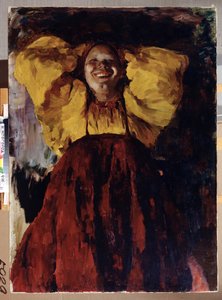 Mujer de amarillo. Retrato de una mujer alegre, vestida con un vestido tradicional, con las manos detrás de la cabeza. Pintura de Filipp Andreevich Maliavin (Maliavine) (o Andreyevich Malyavin) (1869-1940), óleo sobre lienzo de Filipp Andreevich Maliavin