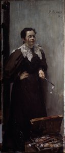 Retrato de la artista Anna Ostroumova Lebedeva (Ostroumova-Lebedeva) (1871-1955) (Retrato de la artista A. Ostroumova). Representada de pie detrás de su equipo de pintura, con binoculares en la nariz y otro par en la mano. Pintura de Filipp And de Filipp Andreevich Maliavin