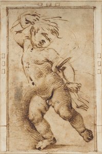 Putto danzante sosteniendo una tela