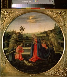 La Adoración del Niño Jesús. Jesucristo niño adorado por la Virgen María y los ángeles. Pintura de Filippino Lippi (1457-1504), hacia 1480. Témpera sobre cobre. Arte florentino, período renacentista. Museo del Hermitage, San Pet de Filippino Lippi