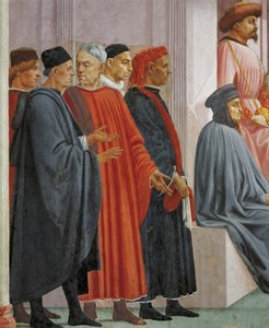 Hombres con vestimenta medieval, detalle de La resurrección del hijo de Teófilo, por Tommaso Masaccio, fresco