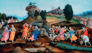 Moisés hace brotar agua de la roca, c. 1500 de Filippino Lippi