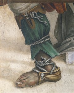 San Juan Evangelista resucitando a Drusiana, detalle del calzado, fresco de Filippino Lippi