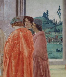 La Disputa con Simón Mago y la Crucifixión de San Pedro (detalle de tres figuras observando la Crucifixión, retrato central se cree que es del maestro de Filippino, Botticelli)
