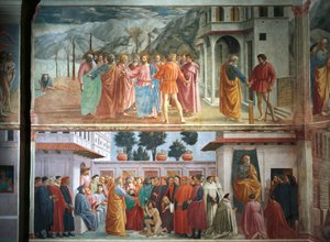 El tributo, por Tommaso Masaccio, La resurrección del hijo de Teófilo y San Pedro entronizado, por Tommaso Masaccio y Filippo Lippi, frescos de Filippino Lippi