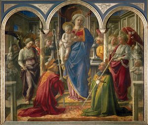 Virgen con el Niño y ángeles, y los santos Frediano y Agustín, llamada " Pala Barbadori " ... de Filippo (workshop of) Lippi