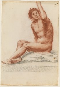 Figura masculina con el cuerpo girado a la izquierda, su brazo izquierdo alcanzando hacia arriba, sentado en un paño de Filippo Esegrenio
