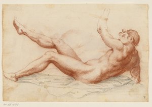 Desnudo masculino postrado girado a la izquierda apoyado en su brazo derecho y levantando su brazo izquierdo y pierna derecha de Filippo Esegrenio