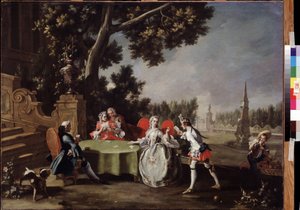 ""The Card Party"" Grupo de nobleza italiana jugando a las cartas en un jardín. Pintura de Filippo Falciatore (1718-1768) Museo Pushkin del siglo XVIII, Moscú