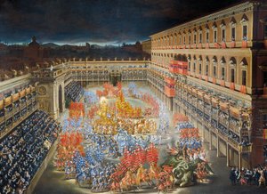 Celebraciones en el Palacio Barberini en honor a la llegada de la reina Cristina de Suecia a Roma en 1656, pintura de Filippo Lauri (1623-1694) y Filippo Gagliardi (1606-1659), Detalle de Filippo and Gagliardi Filippo Lauri