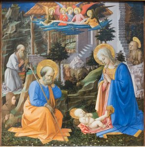 Adoración del Niño Jesús con santos y ángeles