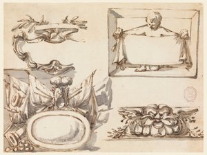 Dibujo, Un escudo, un trofeo, una etiqueta, un motivo decorativo para un friso, 1750-75