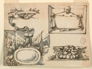 Dibujo, Un escudo, un trofeo, una etiqueta, un motivo decorativo para un friso, 1750-75 de Filippo Marchionni