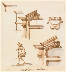 Dibujo, detalles arquitectónicos y estudio de figura, 1760-75 de Filippo Marchionni