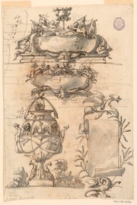 Dibujo, Dos escudos, jarrón decorativo y una voluta, 1750-75
