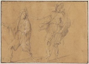 Una figura corriendo con el manto sobre la cabeza y un hombre de pie con sombrero y bastón de Filippo Paladini