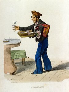 Comerciantes de galantería en Nápoles. Estos vendedores ambulantes ofrecían cosméticos. Grabado en cobre coloreado de una pintura de F. Palizza (de: "Costumi del regno" de Francesco de Bourcard). de Filippo Palizzi
