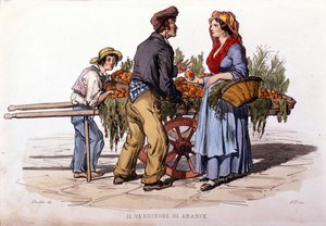 Pequeño negocio de la ciudad de Nápoles: el vendedor ambulante de naranjas. Grabado de una pintura de F. Palizza. De una obra de Francesco de Bourcard “Costumi del regno di Napoli” de Filippo Palizzi